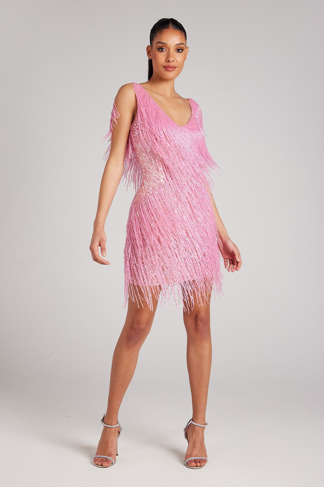 Vestido Celeste Shimmer com Franjas