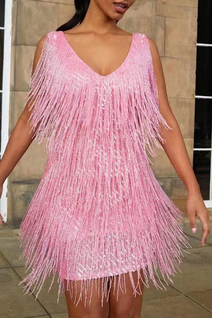 Vestido Celeste Shimmer com Franjas