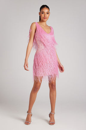 Vestido Celeste Shimmer com Franjas