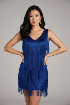 Vestido Celeste Shimmer com Franjas