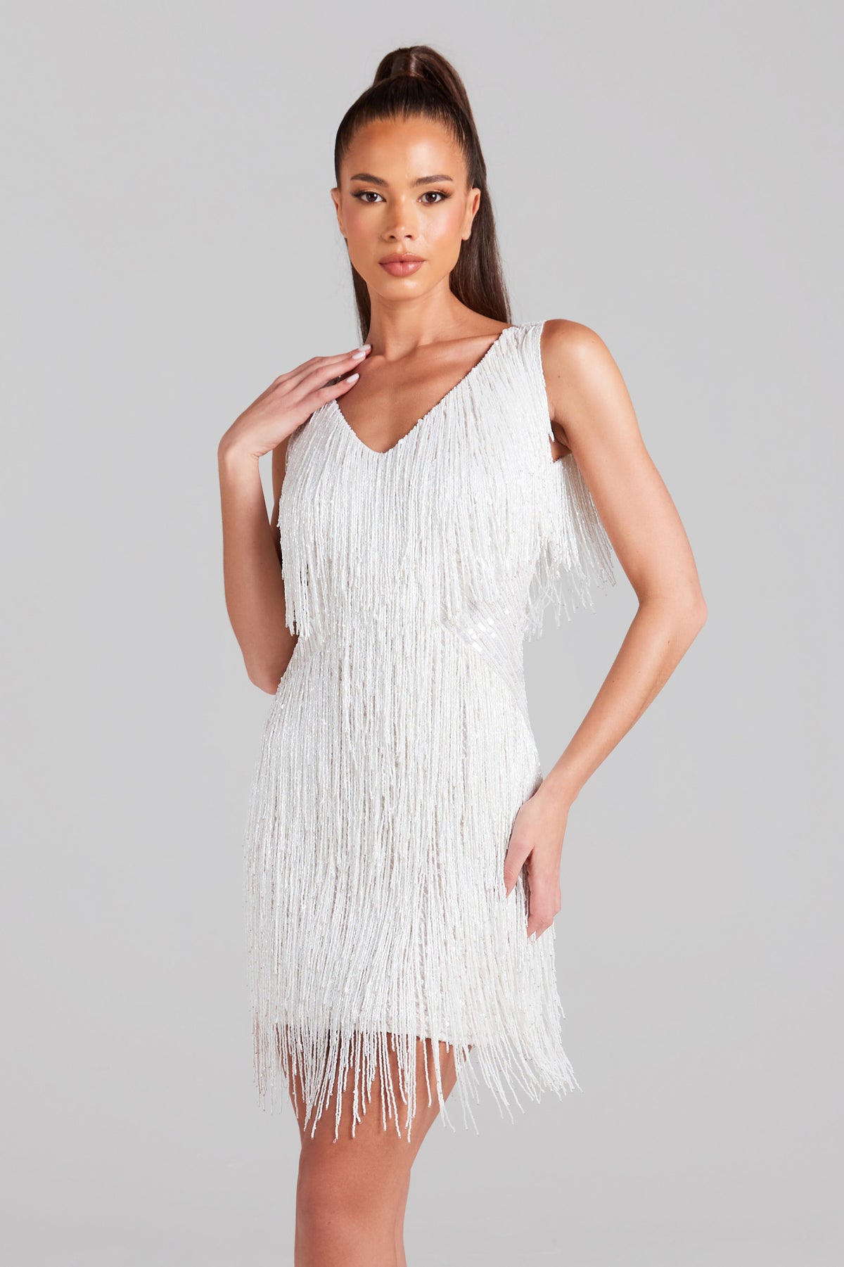 Vestido Celeste Shimmer com Franjas