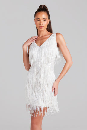 Vestido Celeste Shimmer com Franjas