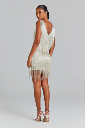 Vestido Celeste Shimmer com Franjas