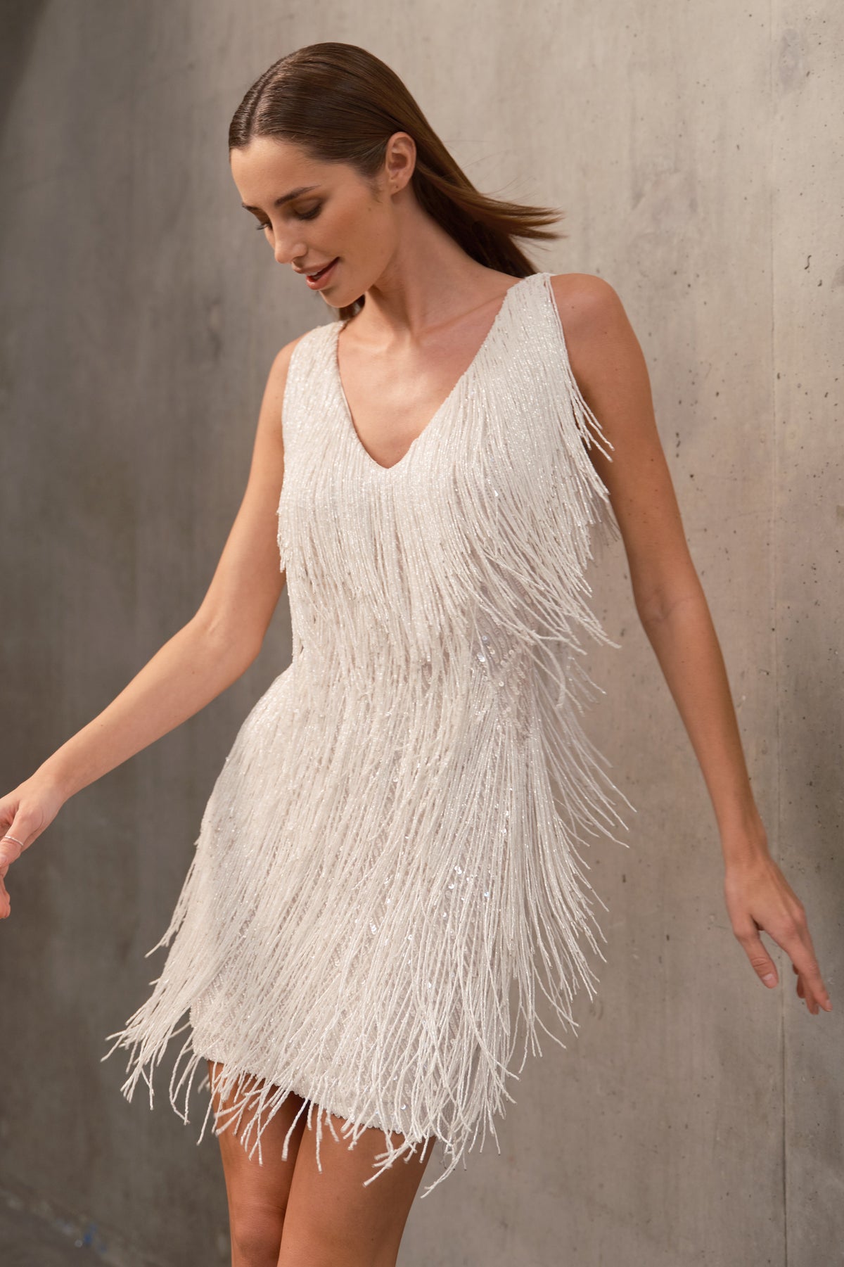 Vestido Celeste Shimmer com Franjas